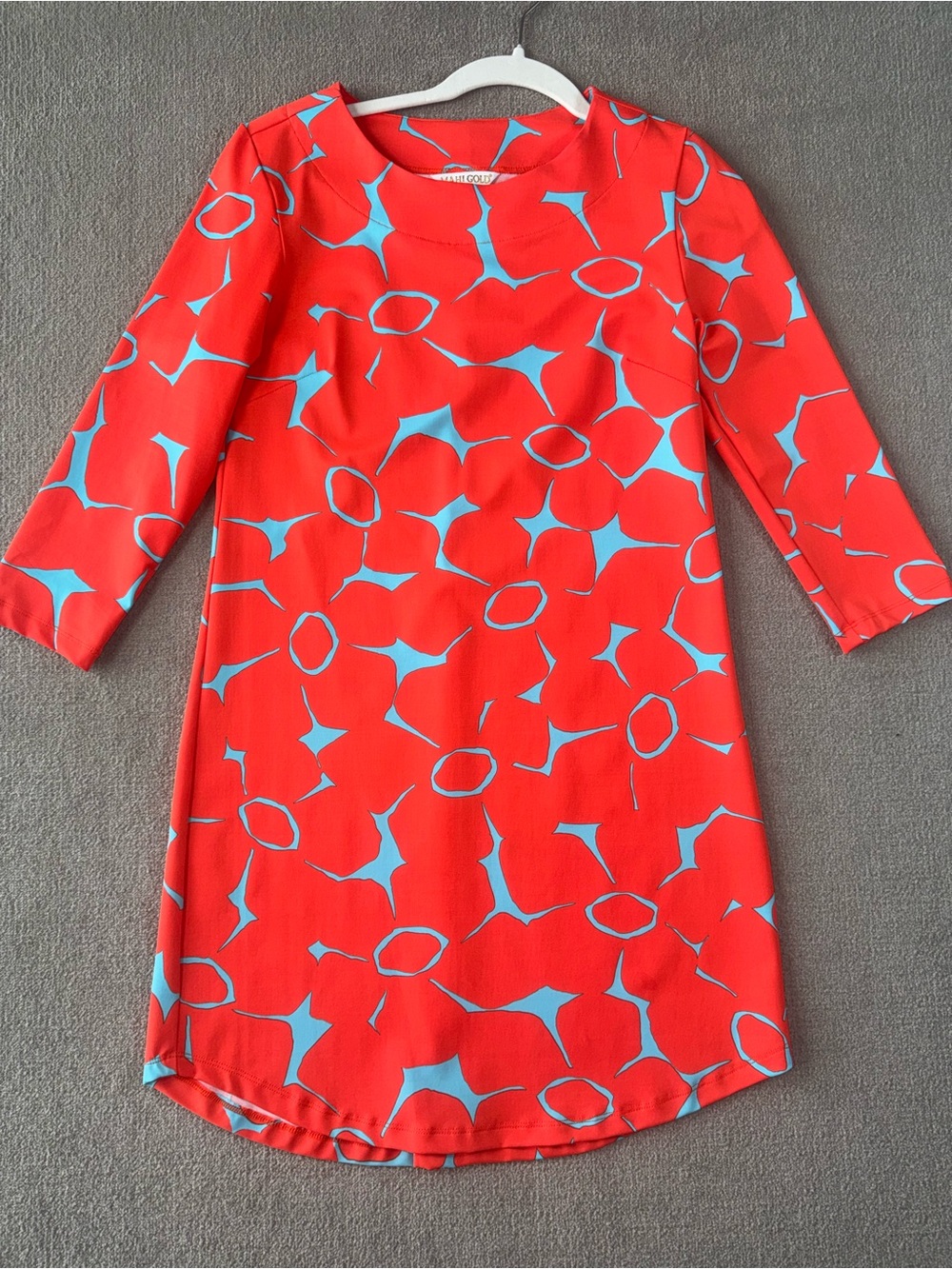 Mahi Gold Vibrant Coral Shift Dress with Sky Blue Abstract Print